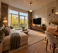 Warme Scandinavische woonkamer met eethoek.png