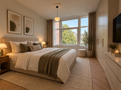 Rustgevende Scandinavische slaapkamer met warm licht.png