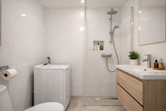 Minimalistische badkamer met houten wastafel.png