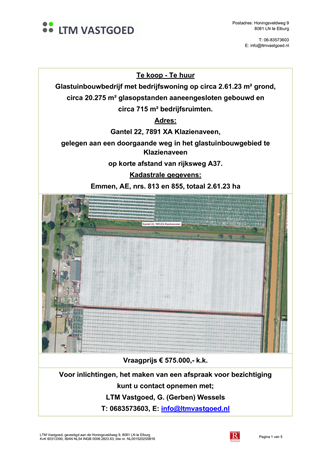 Brochure - Verkoopbrochure glastuinbouwbedrijf Gantel 22 Klazienaveen.pdf - Gantel 22, 7891 XA Klazienaveen