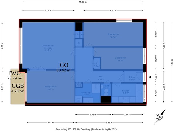 Zwedenburg 166, 2591 BK Den Haag - Plattegrond Zwedenburg 166 6e - markings.jpg