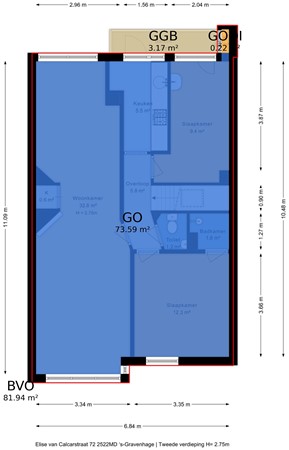 Elise van Calcarstraat 72, 2522 MD Den Haag - Plattegrond Elise van Calcarstraat 72, 2522MD 's-Gravenhage -Tweede verdieping - markings.jpg