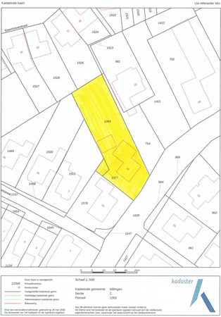 Wilsonstraat 22, 6566 CP Millingen aan de Rijn - Kadastrale kaart met arcering.png